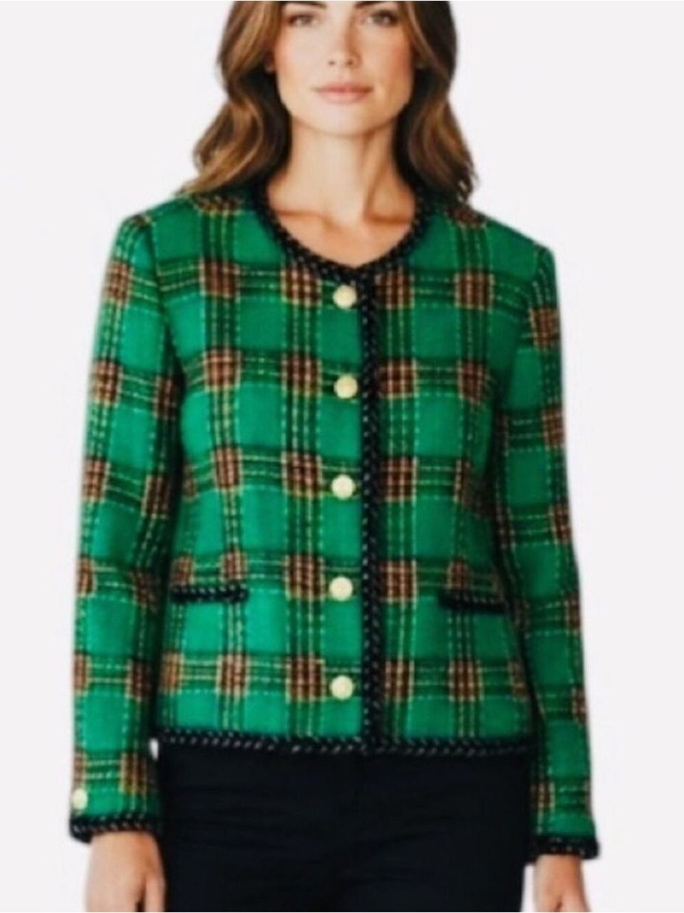 Bleyle Green Plaid Vintage Wool Mohair Jacket Woven Trim Gold Buttons 18P